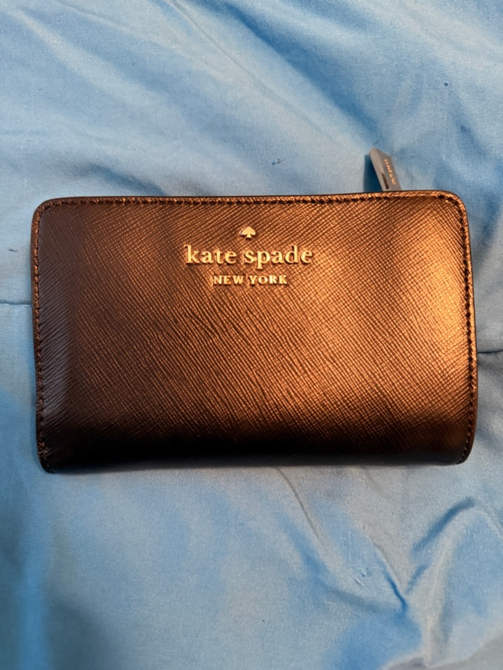 kate spade black leather zip card case with gold logo